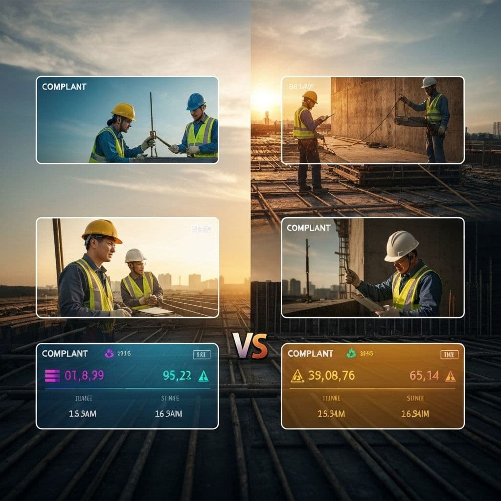 Safety manager on a tablet reviewing checklists on a construction site
