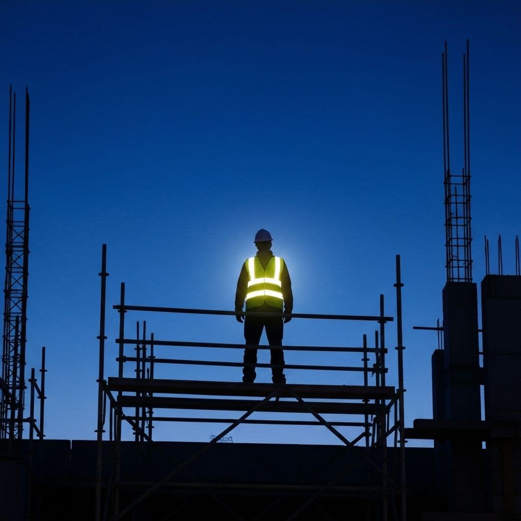 Construction worker with safety vest on a job site at sunset
